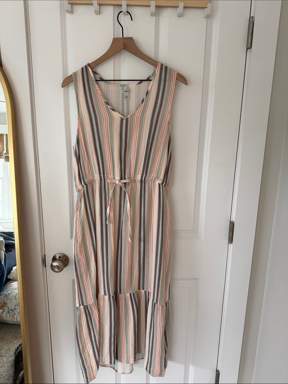 L.L. Bean Cloud Gauze Midi Dress- Faded Sage Stripe
